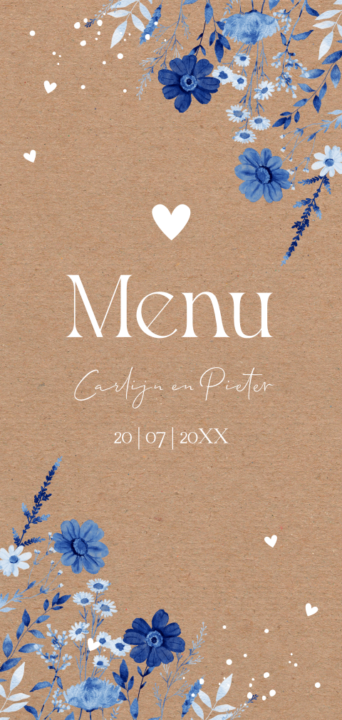 Menukaart huwelijk kraft look watercolour bloemen blauw