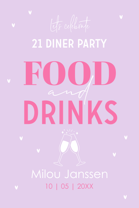Uitnodiging 21 diner party vrouw paars roze food and drinks