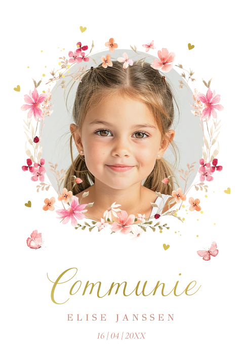 Communie uitnodiging meisje boog foto bloemen vlinders roze goudfolie