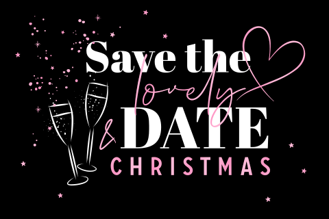 Save the Date kerstkaart champagne hartje zwart roze hoogglans