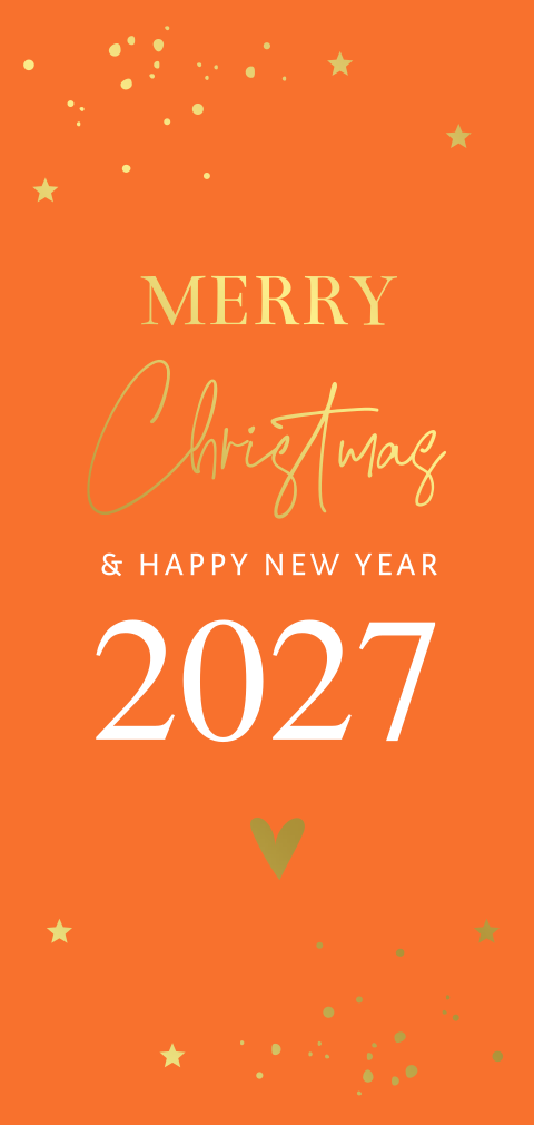 Zakelijke kerstkaart langwerpig oranje 2027 goudfolie