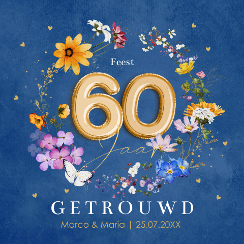 Uitnodiging jubileum huwelijk 60 jaar getrouwd bloemen blauw