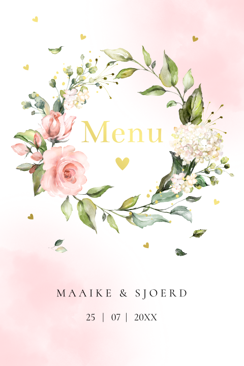 Menukaart huwelijk watercolour bloemen roze goudfolie