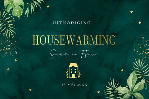 Housewarming uitnodiging groen tropisch bladeren huisje goudfolie