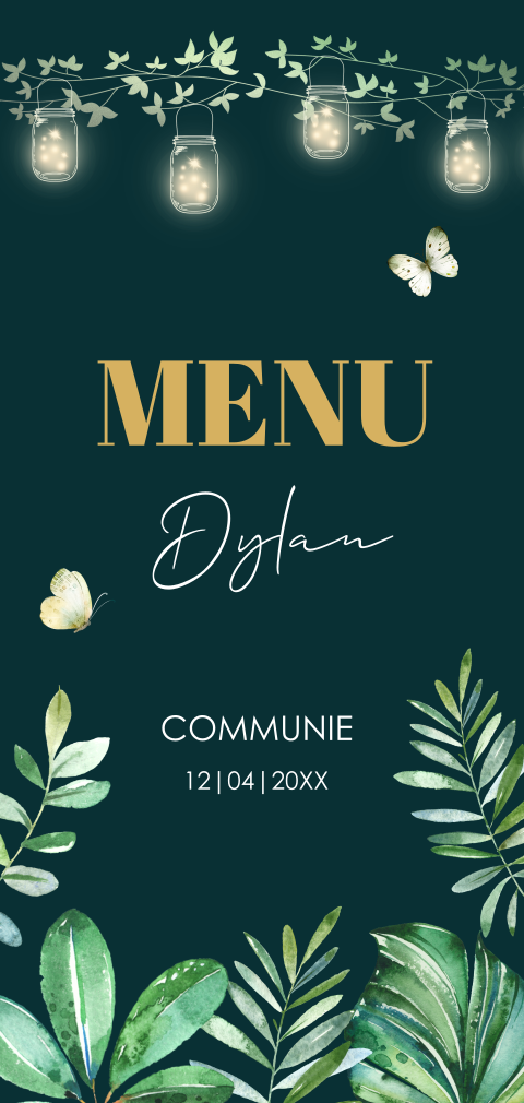 Menukaart communie blauw bladeren groen lampjes