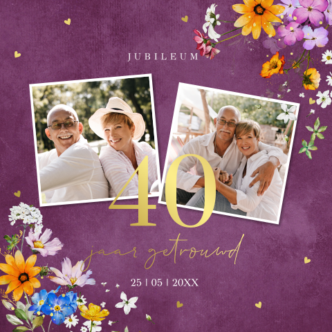 Jubileum uitnodiging 40 jaar getrouwd foto paars bloemen goudfolie
