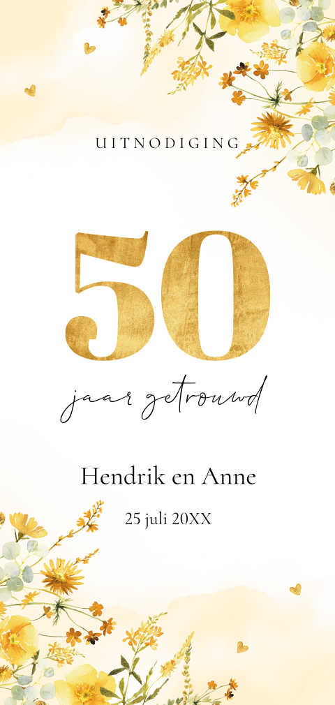 Uitnodiging jubileum huwelijk bloemen geel 50 jaar getrouwd