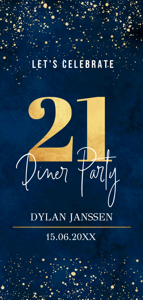 Uitnodiging 21 diner party blauw goudlook spetters