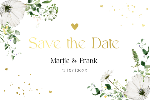Save the Date uitnodiging botanisch floral bladeren groen goudfolie