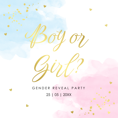 Uitnodiging baby gender reveal party watercolour blauw roze goudfolie