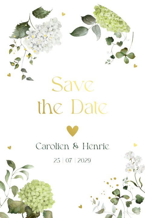 Save the Date kaart bloemen groen blauw hortensia landelijk goudfolie