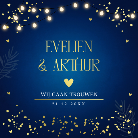Trouwkaart blauw christmas wedding lampjes goudfolie