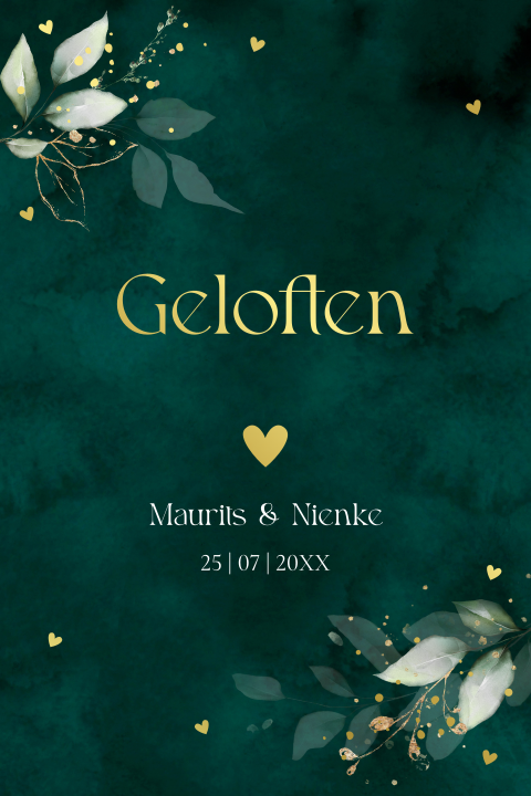 Geloftenkaart donkergroen botanisch bladeren goudfolie