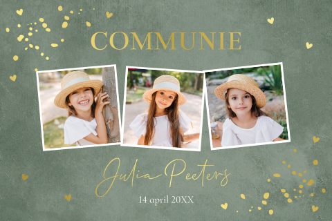 Communie uitnodiging meisje groen fotocollage goudfolie