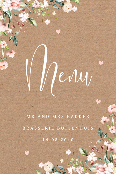 Menukaart huwelijk bloemen kraftlook