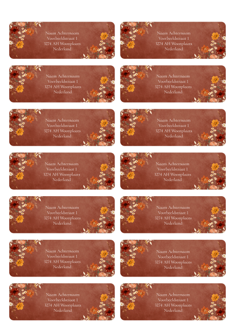 Adresstickers huwelijk bloemen roestbruin | 14 stuks 97X34 mm