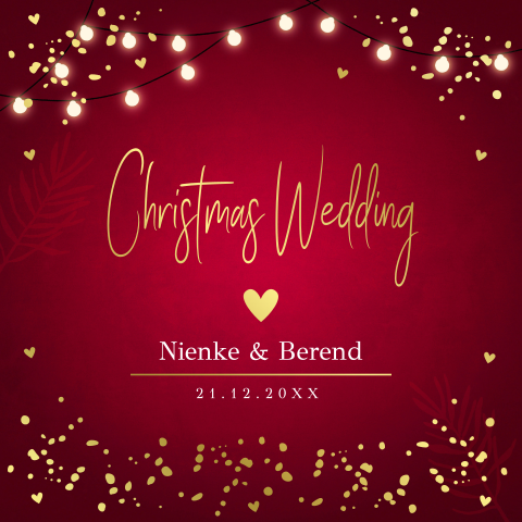 Trouwkaart rood Christmas Wedding kerst goudfolie lampjes