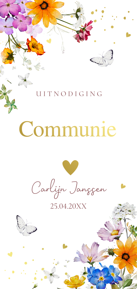 Communie uitnodiging meisje langwerpig bloemen paars goudfolie