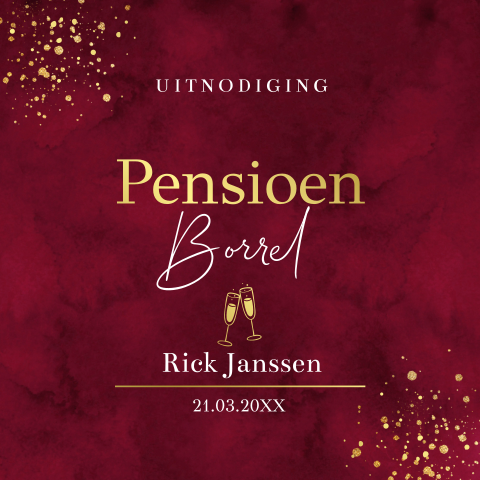 Uitnodiging pensioen kaart borrel rood goudfolie