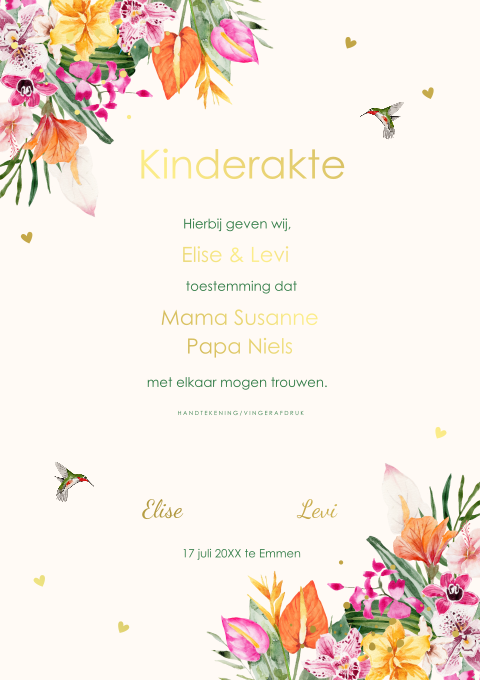 Kinderakte huwelijk tropische bloemen roze goudfolie