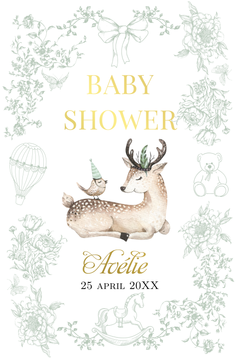 Babyshower uitnodiging floral hertje goudflolie