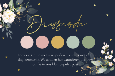 Dresscode kaartje huwelijk witte rozen foliedruk