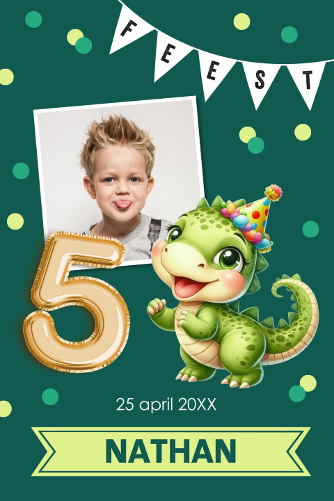 Uitnodiging kinderfeestje jongen 5 jaar foto dino slinger