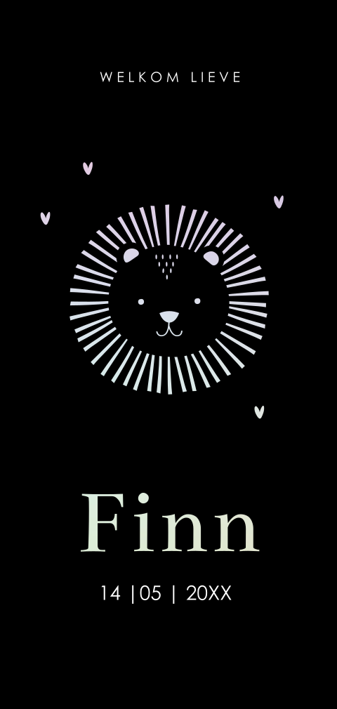 Geboortekaartje langwerpig zwart leeuwtje holografische folie