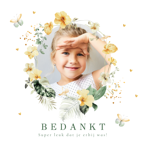 Bedankkaart communie foto meisje bloemen geel vlinders