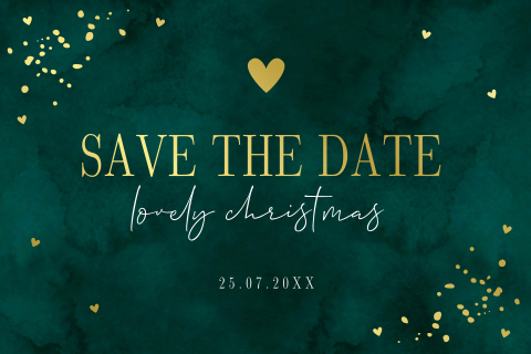 Save the Date kerstkaart groen goudfolie spetters