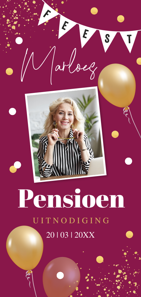 Pensioen uitnodiging foto vrouw confetti ballonnen roze goudlook