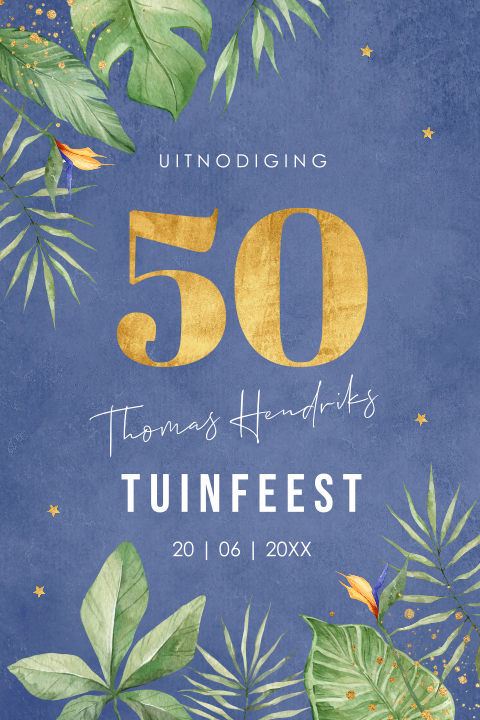 Uitnodiging tuinfeest verjaardag 50 jaar blauw bladeren tropisch