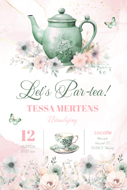 High Tea uitnodiging theepot bloemen roze groen