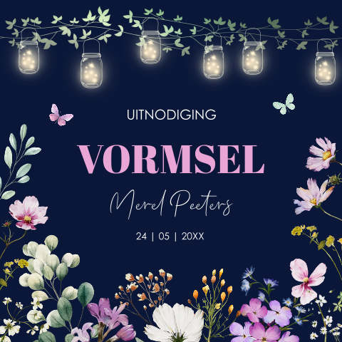 Vormsel uitnodiging meisje bloemen paars vlinders