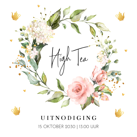High Tea uitnodiging bloemenkrans theepotten goudlook