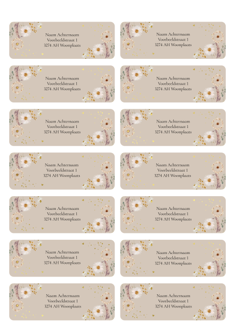 Adresstickers huwelijk beige veldbloemen goudfolie | 14 stuks 97X34 mm