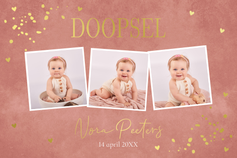 Doopkaart meisje roze foto collage terracotta goudfolie