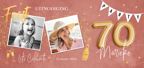 Uitnodiging verjaardag70 jaar foto terraroze goud vrouw slinger feest
