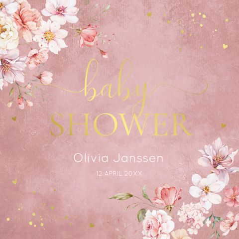 Babyshower uitnodiging roze bloemen goudfolie