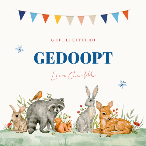 Felicitatie kaart doop jongen bosdieren slinger