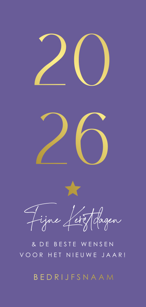 Zakelijke kerstkaart langwerpig paars jaartal 2026 goudfolie