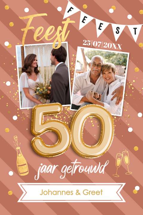 Jubileum uitnodiging 50 jaar getrouwd foto goud confetti slinger