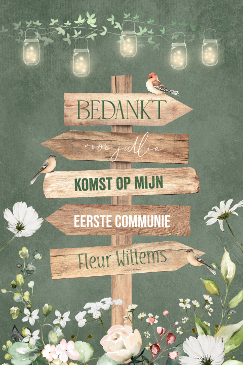 Bedankkaart communie meisje groen wegwijzer hout lampjes bloemen