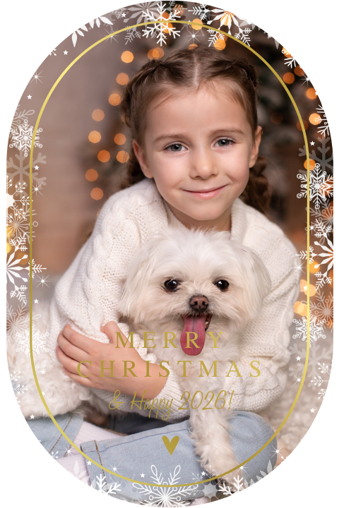 Kerstkaart met foto ovaal met goudfolie en sneeuwvlokken kader