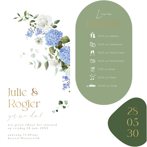 Labelkaart trouwkaart langwerpig bloemen blauw groen goudfolie