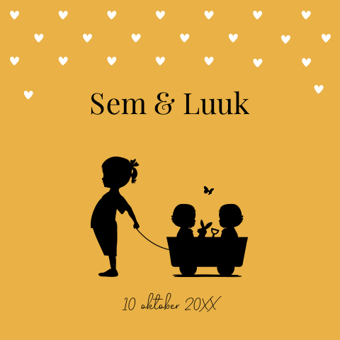 Geboortekaartje tweeling grote zus silhouet okergeel