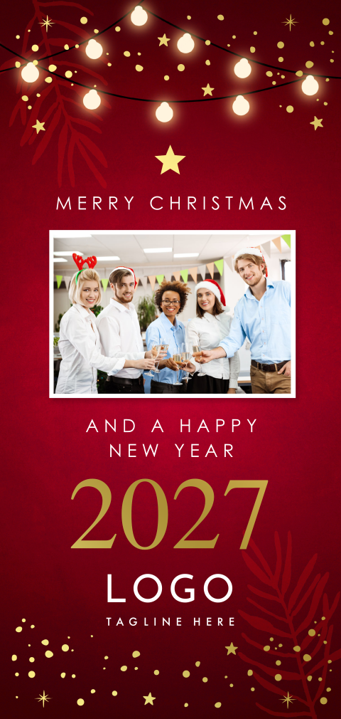Luxe zakelijke kerstkaart rood foto goudfolie langwerpig