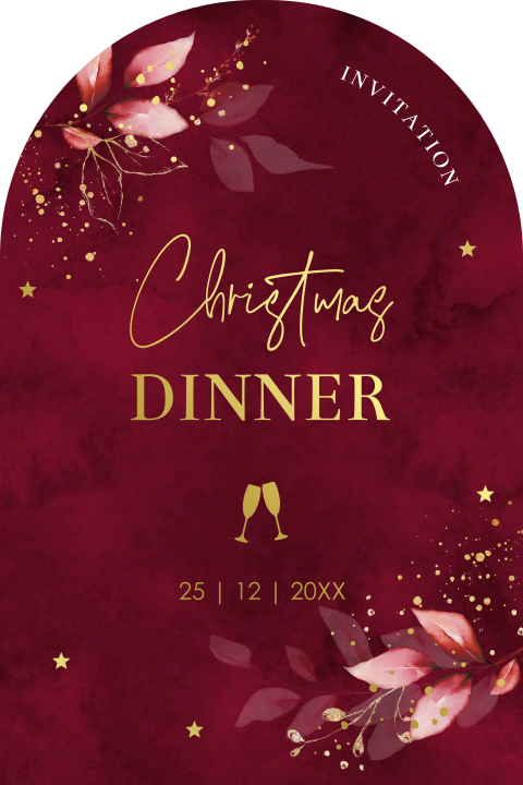 Kerstdiner uitnodiging zakelijk boog vorm rood botanisch goudfolie