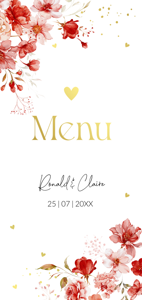 Menukaart langwerpig huwelijk bloemen rood watercolour goudfolie