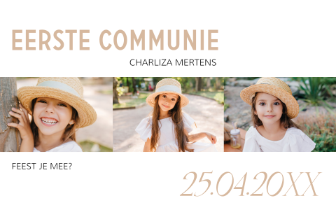 Communiekaart meisje wit fotocollage beige typografie